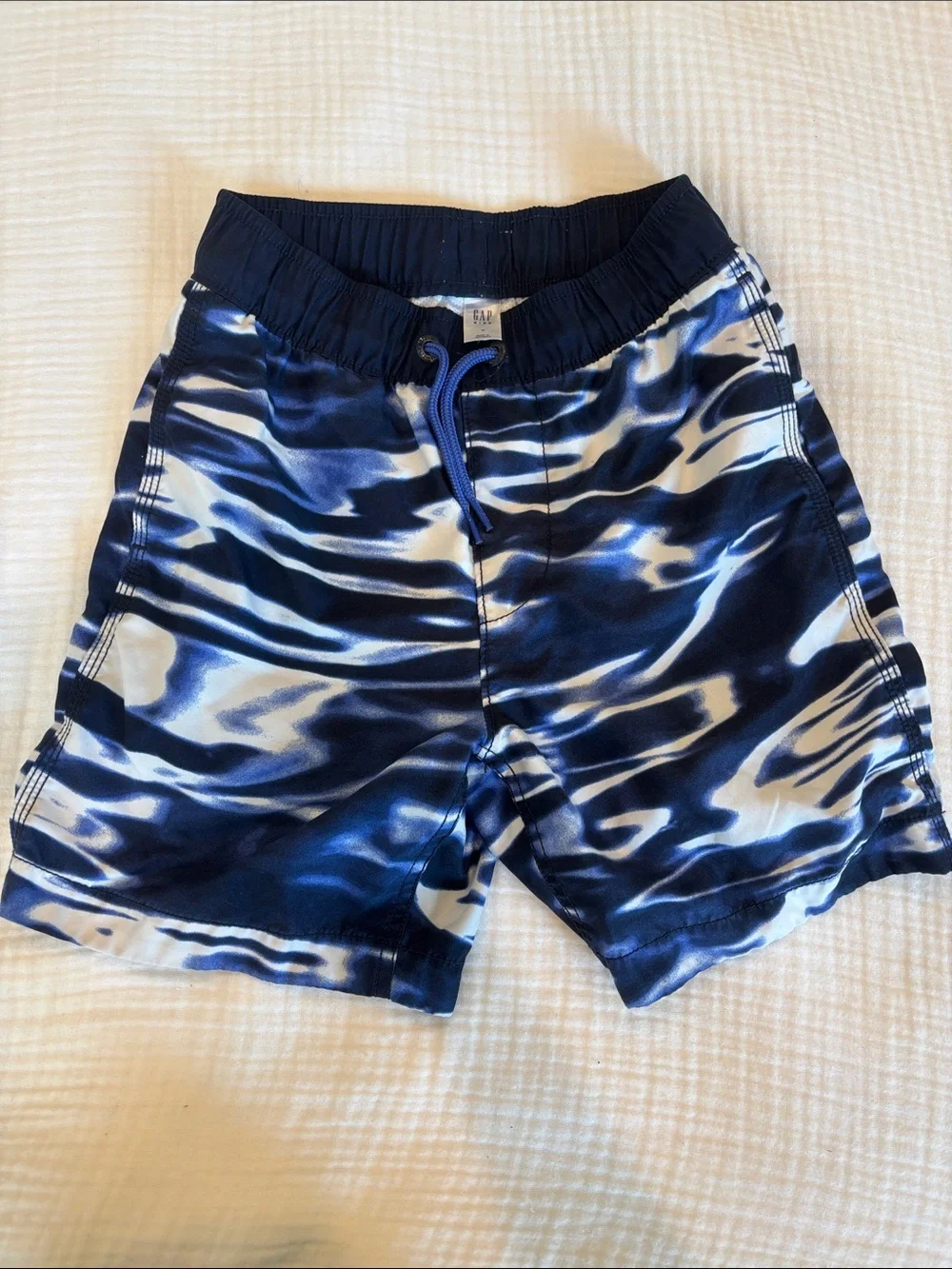 GAP Neon Yellow Rash Guard with Navy & White Wave Swim Trunks